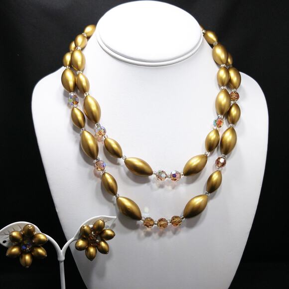 Vintage Gold Pearled & Crystal Beaded Necklace, Matching Clip Earrings, 1950 - Picture 2 of 10